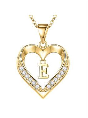 Turandoss Heart Initial Necklace 14K Gold Plated CZ Pendant